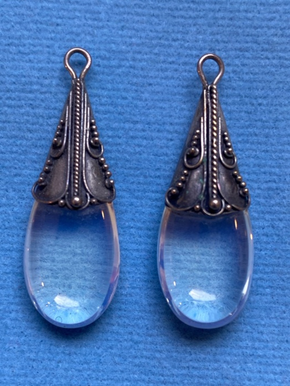 Vintage Victorian Style Clear Teardrop Dangle Earrings with Ornate Silver Caps